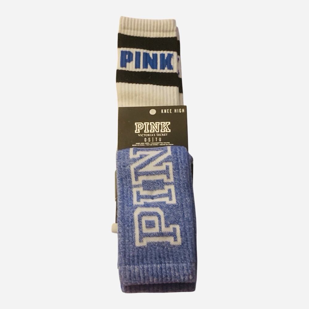 VICTORIA'S SECRET PINK KNEE HIGH SOCKS 2 PAIRS 1 WHITE 1 BLUE ONE SIZE NWT